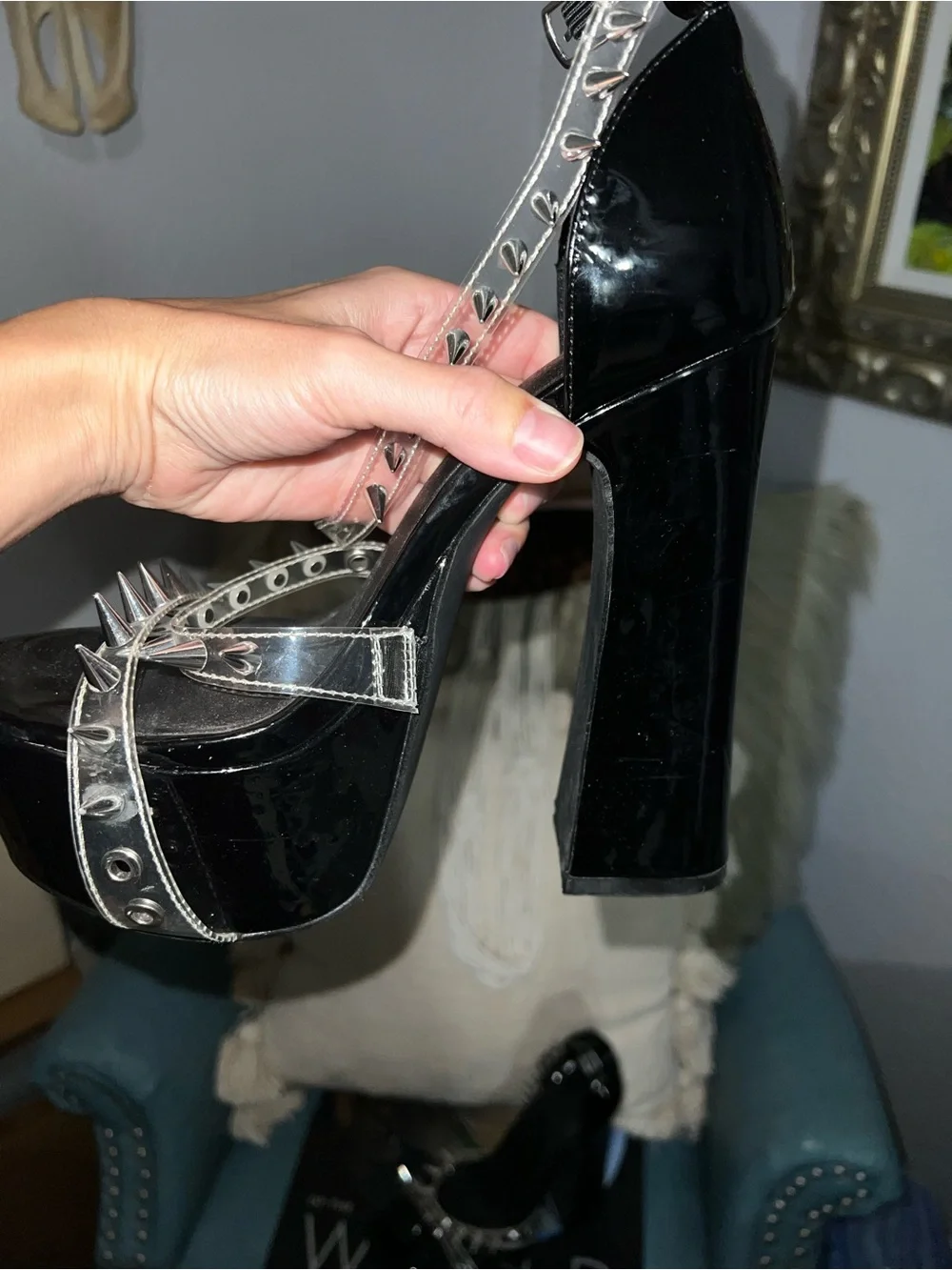 Widow Dolls Kill Black Patent Spike Platform Heels with Silver Studs